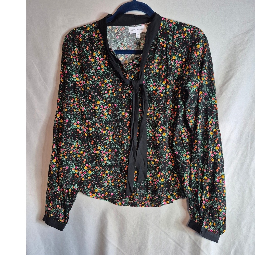 Lost + Wander Floral Print Tie Neck Long Sleeve Blouse XS